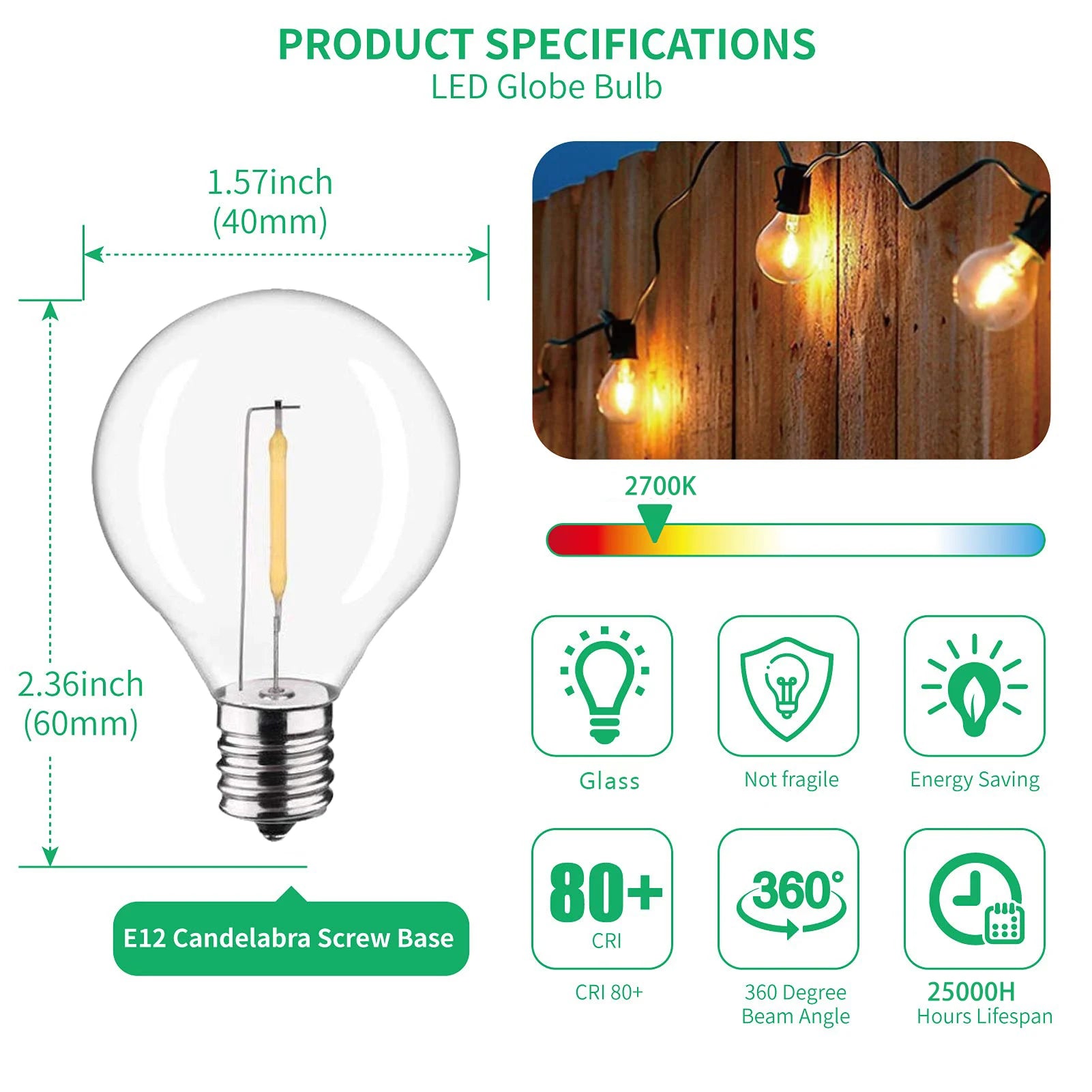 GANRILAND LED String Lights Replacement Bulbs Glass PET G40 E12 110V 220V 1W Plastic Bulb Waterproof For Garden Outdoor Decor